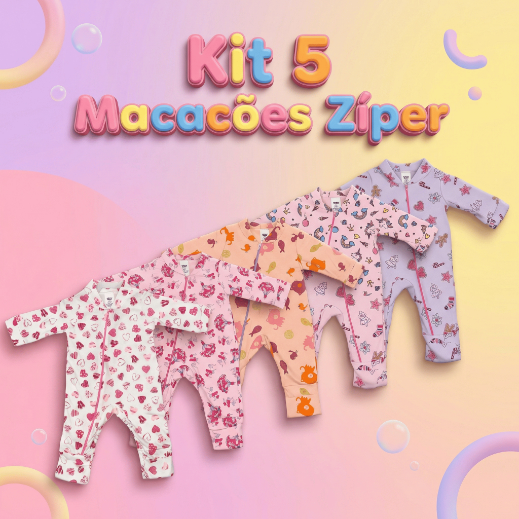 Kit 5 Macacão Estampado Ziper Menina Bebê Algodão Vira Pé Inverno Verao Infantil Macio Macacões em Oferta na Shopee