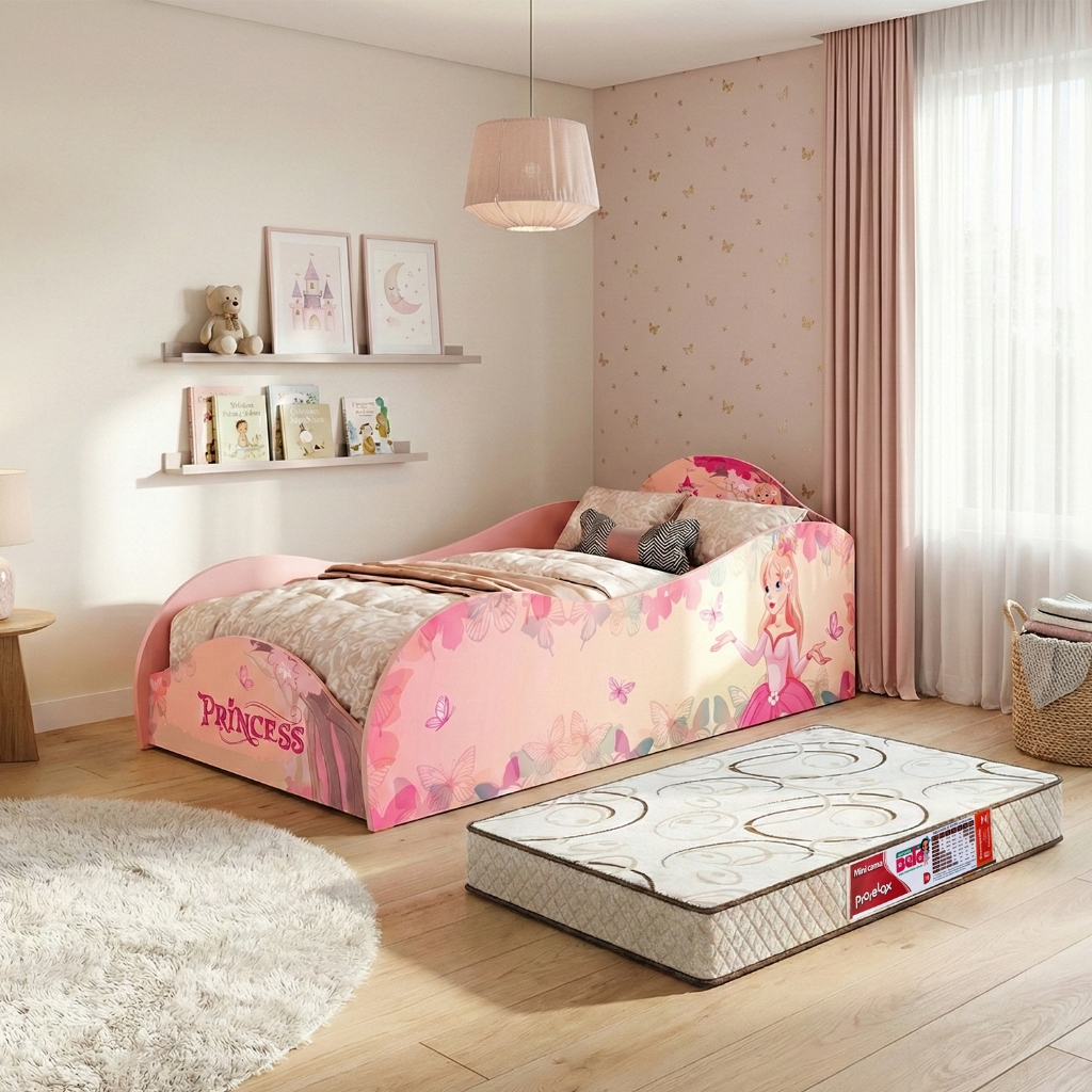 Imagem Cama Infantil Princesa Rosa em MDF Juvenil Feminina montessoriana  para Quarto de Menina com colchão