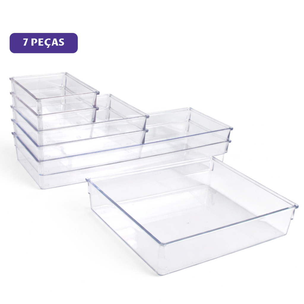 Kit 7 Organizadores De Acrílico Cristal Premium Multiuso Resistente e Transparente - Gavetas Closet