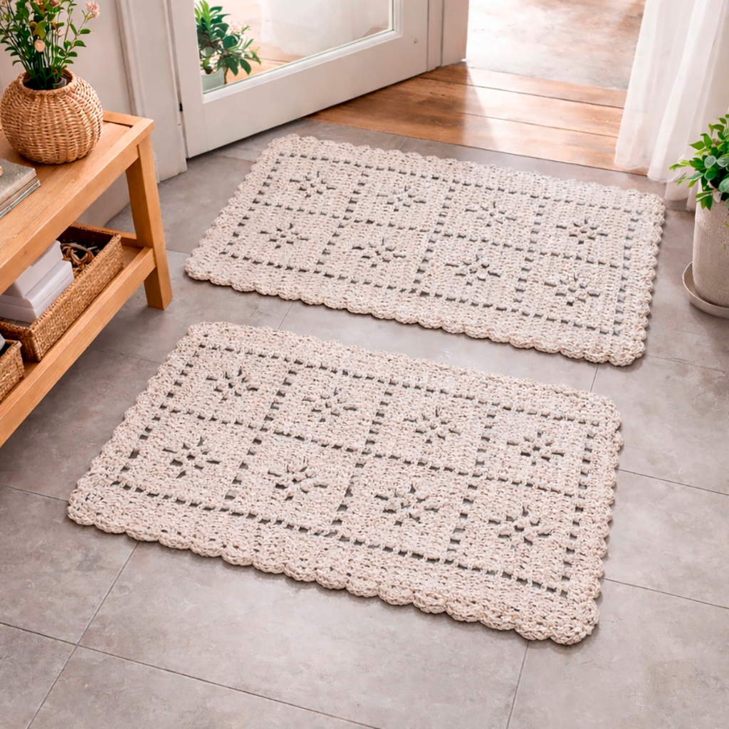 Tapete Capacho Aranha 100% Algodão Kit com 2 Peças 65cm x 40cm Artesanal Decorativo