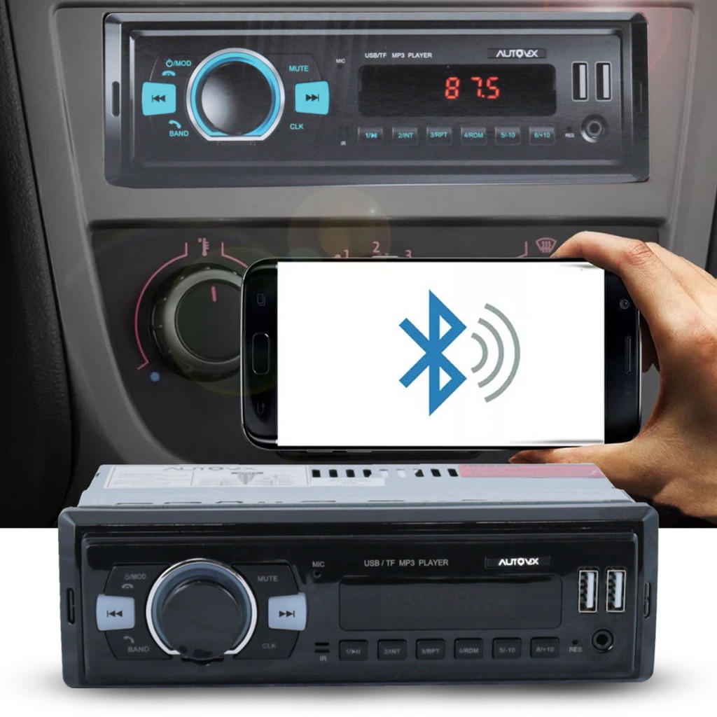 Detalhes do Rádio Automotivo Bluetooth MP3 com 2 Entradas USB, Cartão SD e Controle Remoto