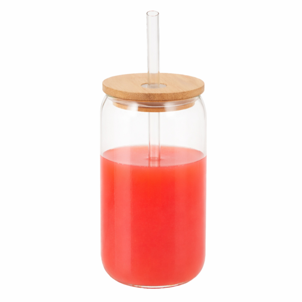 Caneca Copo Vidro Com Canudo De Vidro E Tampa De Bambu 570ml