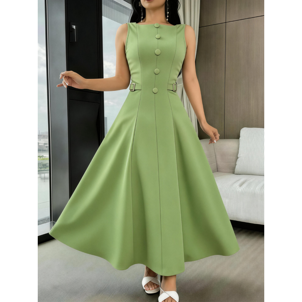 Vestido Longo Elegante De Sem Manga  Com Cintura Marcada E Decote Em V para Mulheres