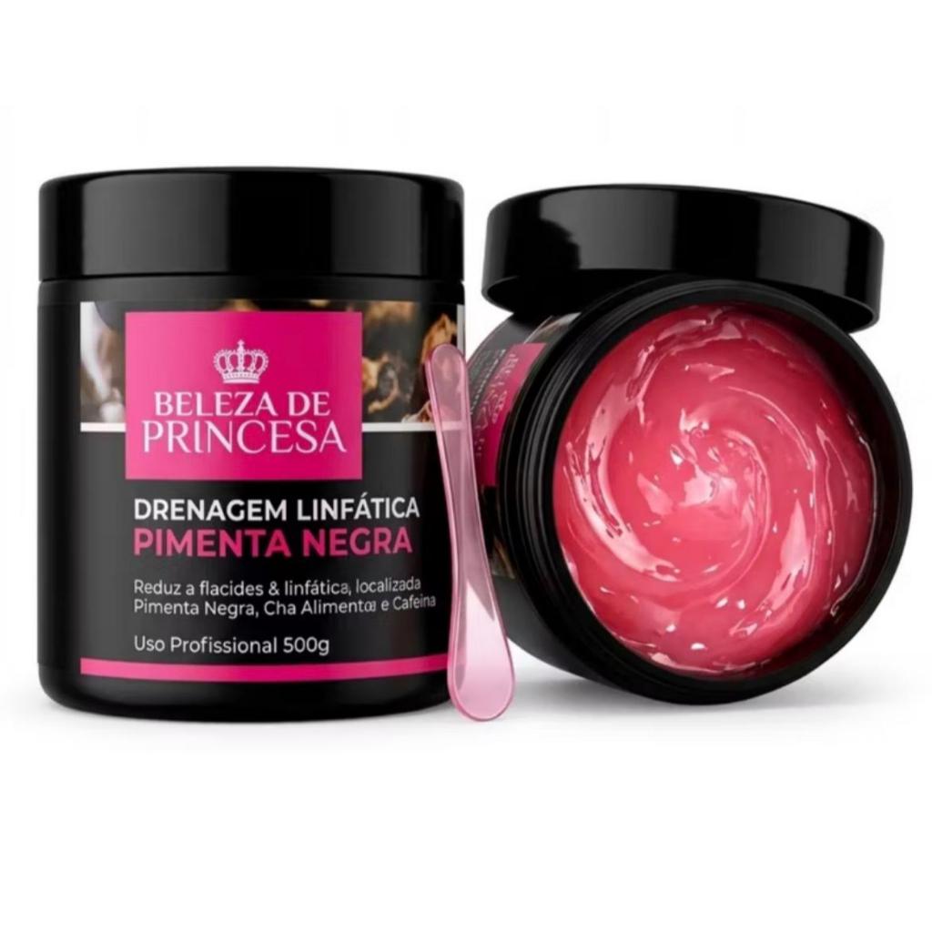 Creme Drenagem Linfática Pimenta Negra Redutor Celulite Massagem Modeladora 500gr Beleza de Princesa