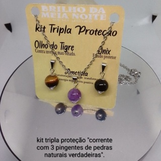 Colar aço inox, kit 3  pingentes cristal pedra naturais para proteção, prosperidade. em Oferta na Shopee