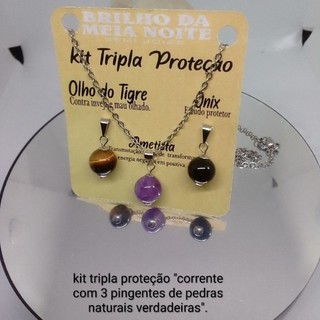 Colar Aço Inox, Kit 3  Pingentes Cristal Pedra Naturais  Proteção, Prosperidade.