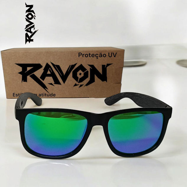 Óculos de Sol Ravon Max Green Masculino/Feminino – Lente Verde Refletiva UV400, Armação Textura Madeira, Kit Completo
