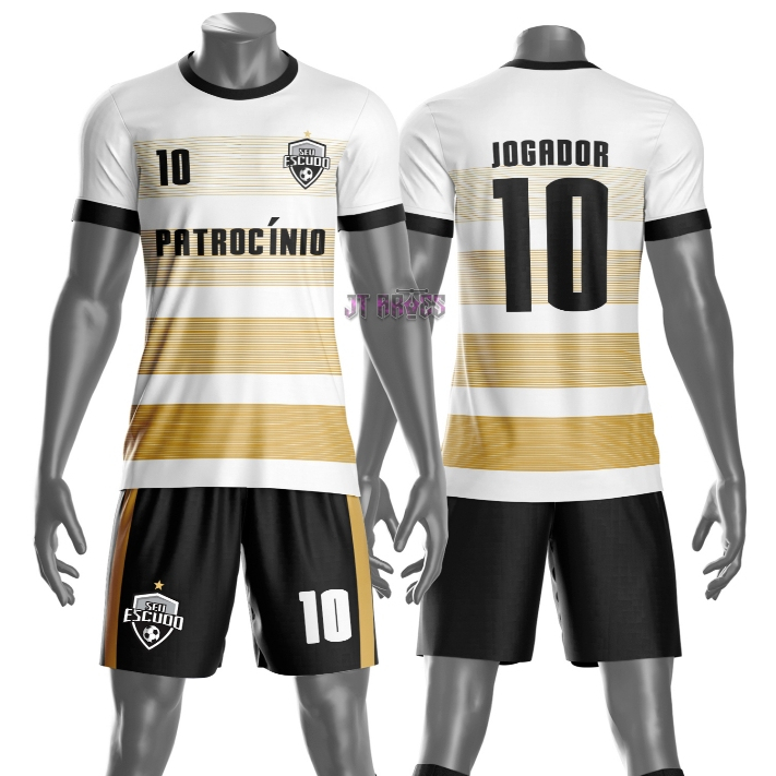 Uniforme jogador futebol amador esportivo camiseta e calção personalizavél nome número escudo mo 180