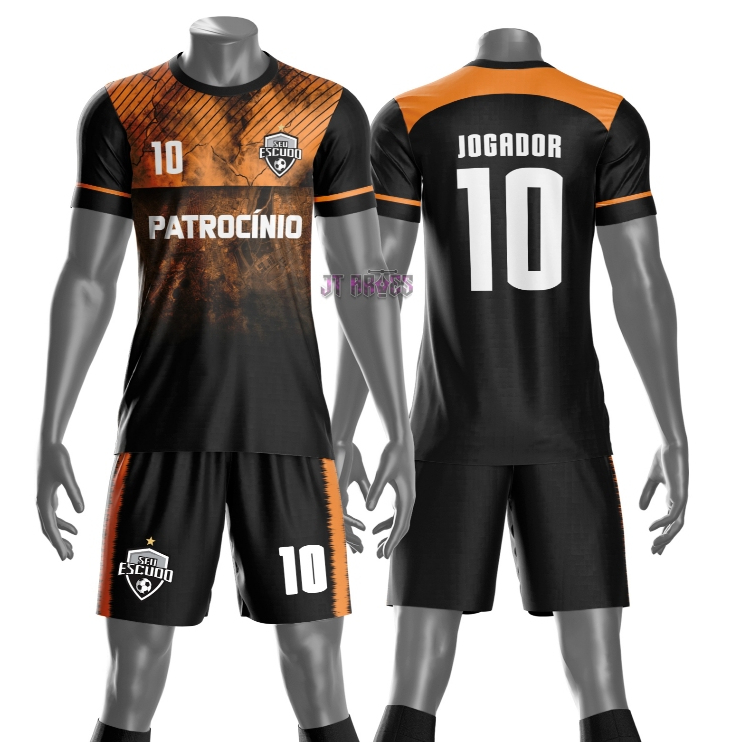 Uniforme jogador futebol amador esportivo camiseta e calção personalizavél nome número escudo mo 206