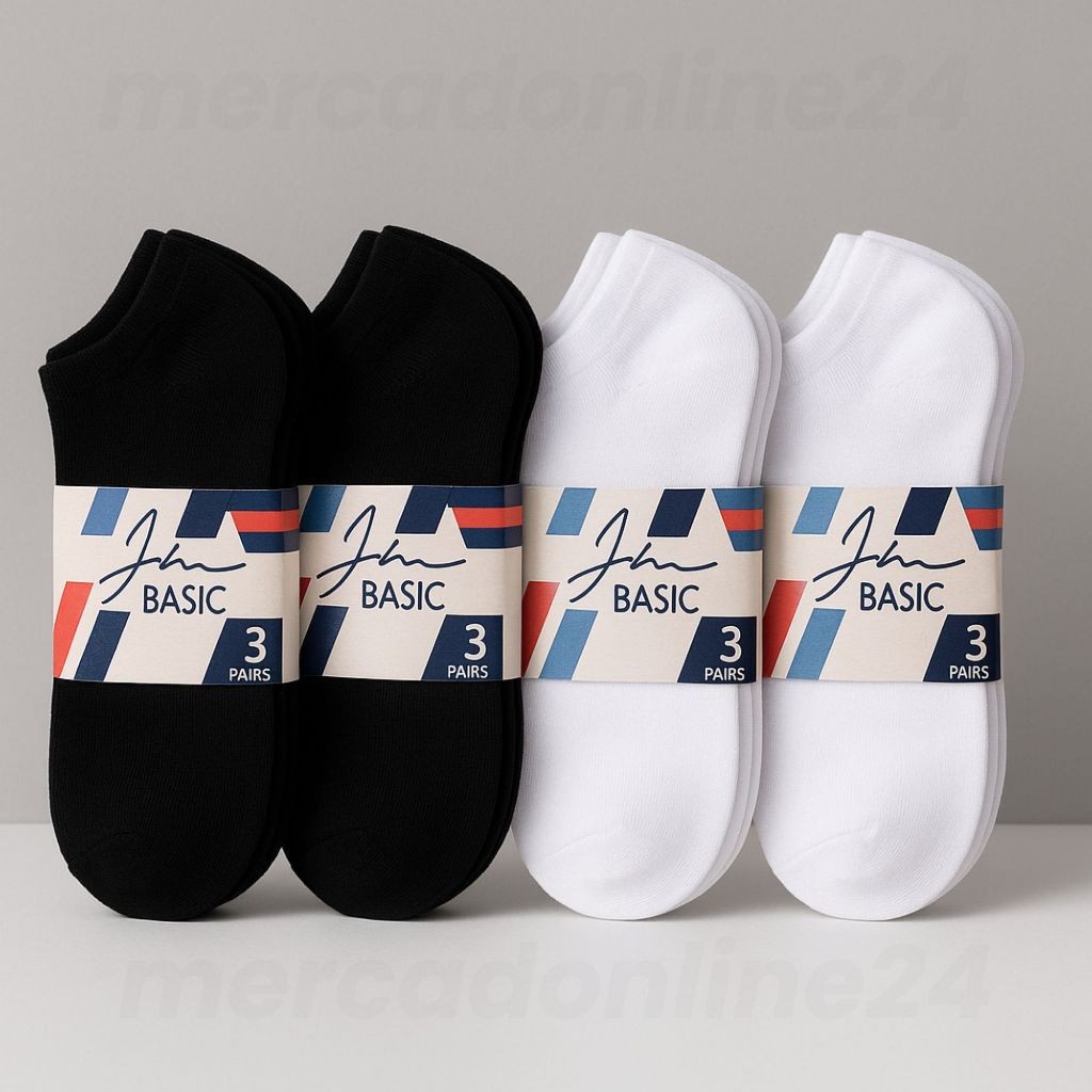 Kit Meia Soquete Unissex Cano Curto Algodão 6 ou 12 Pares Branca e Preta