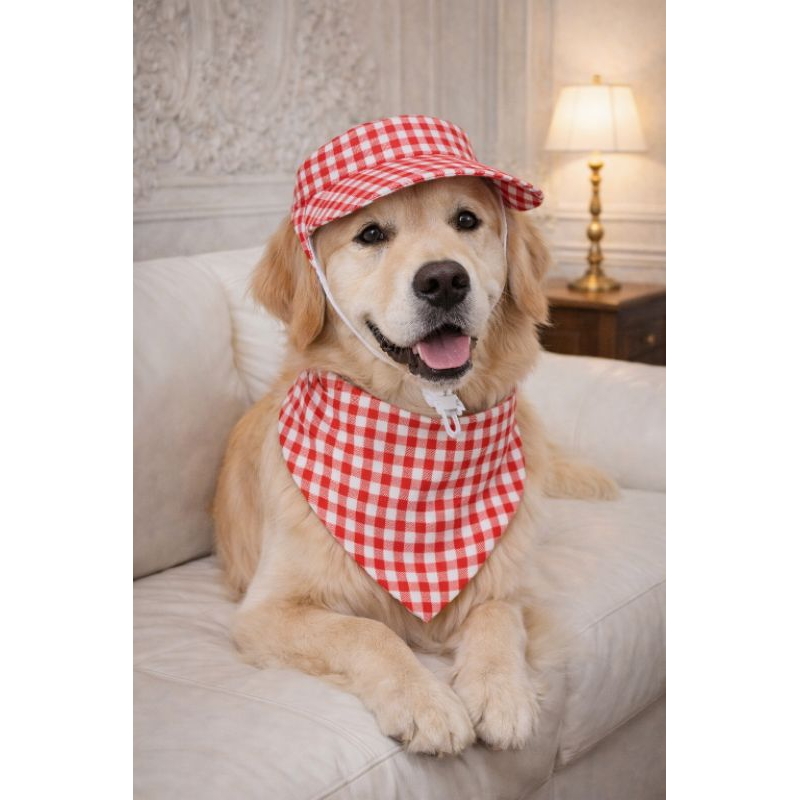 Kit Bandana e Boné Pet Xadrez Vermelho e Branco Ajustável PP aoa GG 100% Tricoline Roupa Pet Estilosa