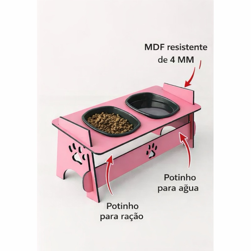 Comedouro Bebedouro Elevado Duplo Pet Gato Cachorro Com Tigela Em Madeira Mdf