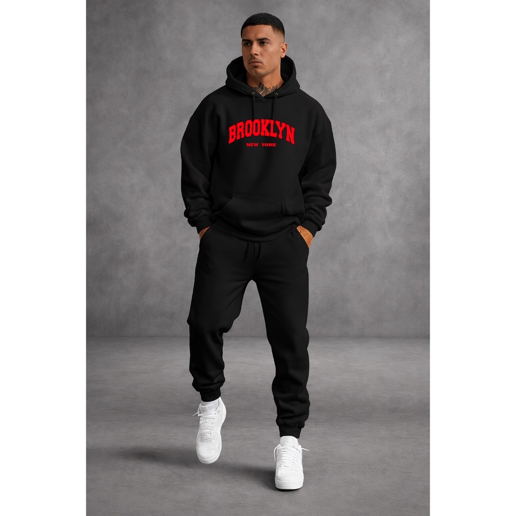 Conjunto Moletom Masculino Brooklyn New York Red com Capuz + Calça Jogger Moletom Inverno Casual Streetwear Confortável
