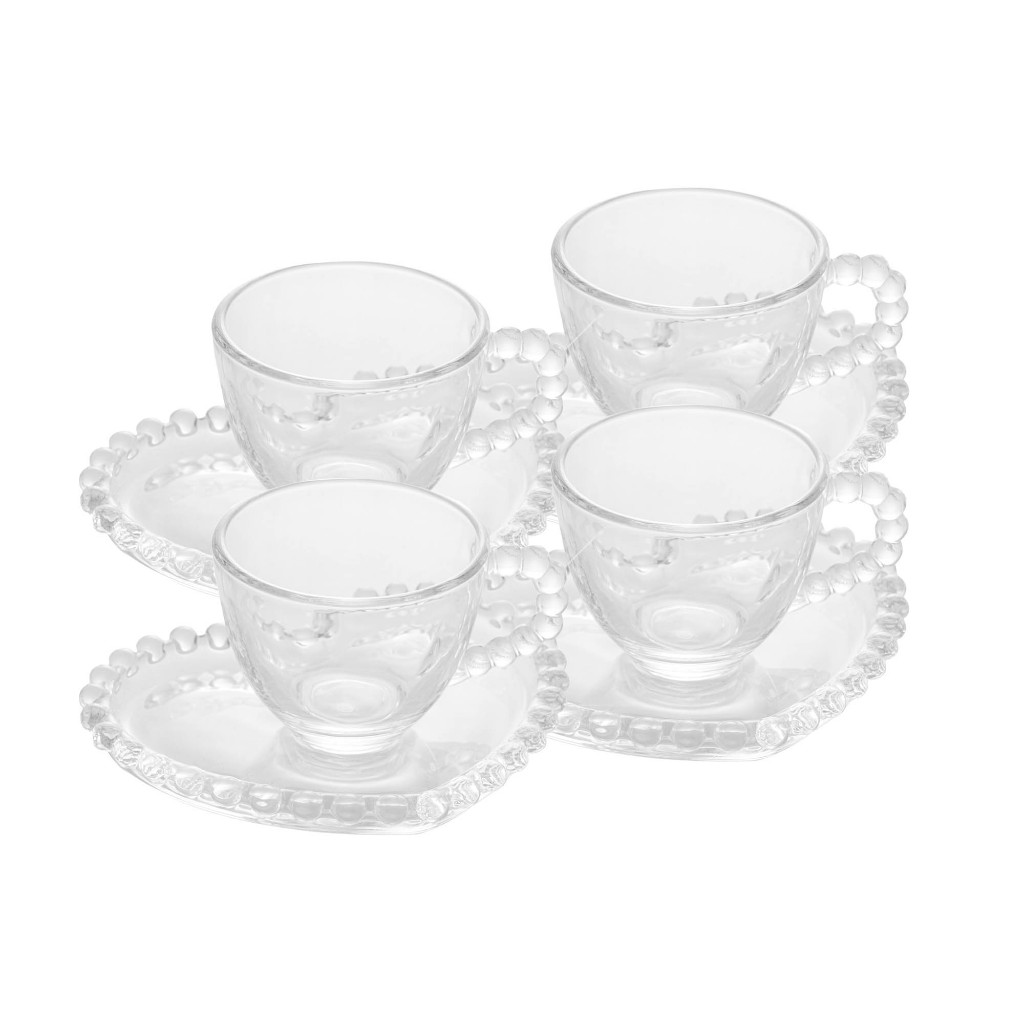 Jogo 4 Xícaras 85ml Para Café de Cristal Com Pires Coração Pearl Wolff