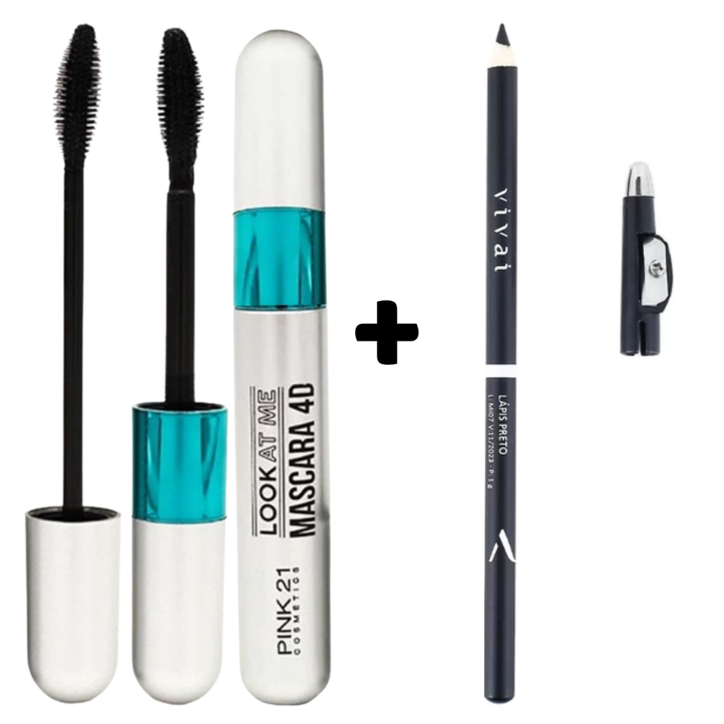 Kit Máscara de Cílios 2 em 1 Volume e Alonga + Lápis de Olho Preto Delineador com Apontador Vivai