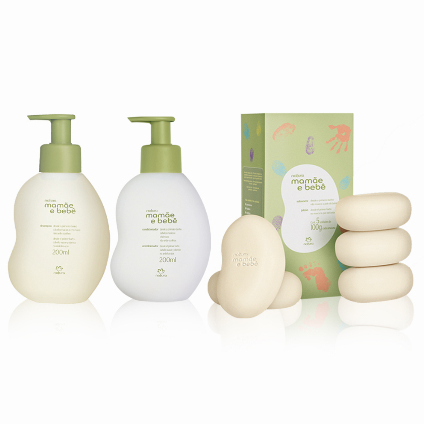Kit Natura Mamãe e Bebê Shampoo, Condicionador e Sabonete em Barra 5 unidades de 100 gr cada (3 produtos)