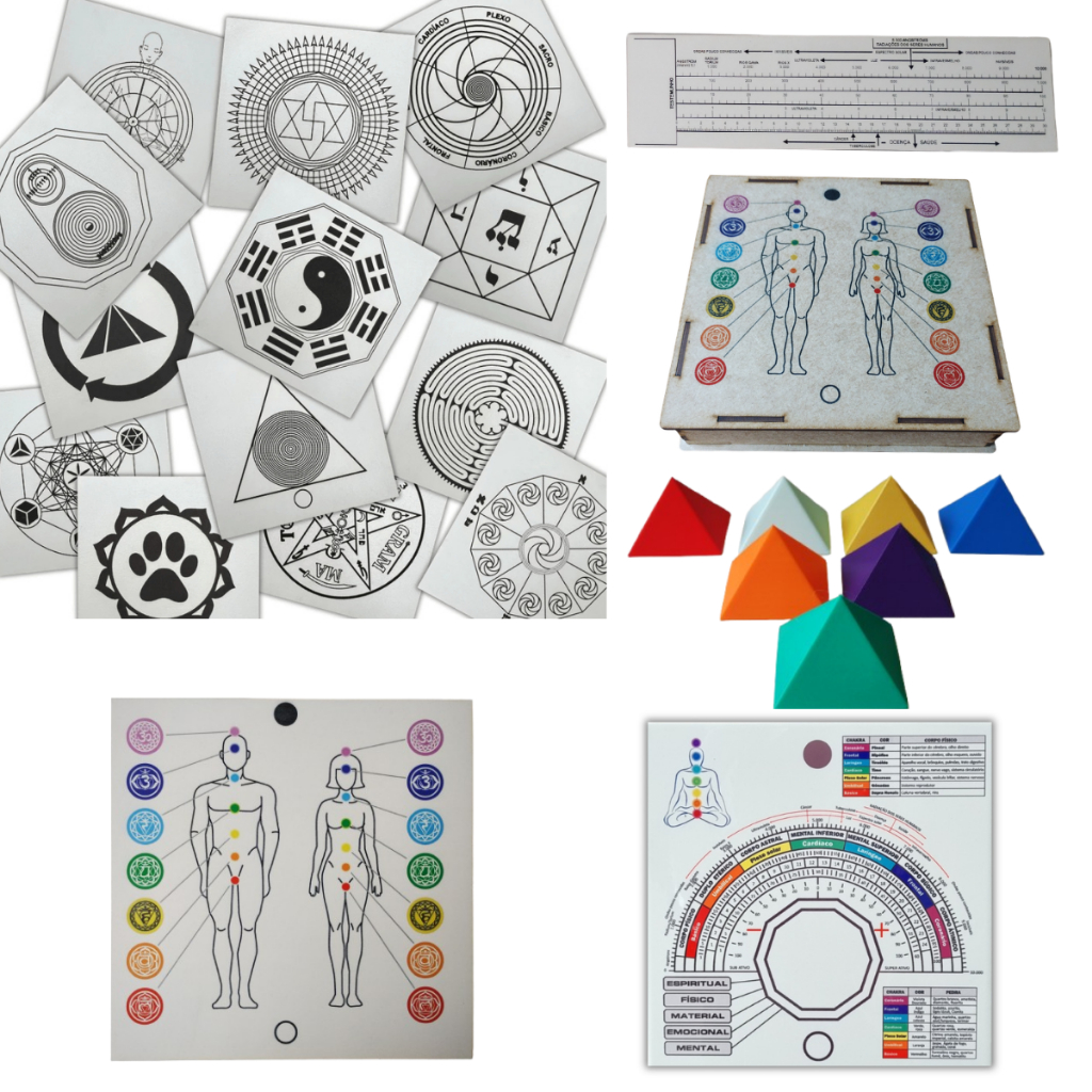 Kit Escolha 20 gráficos da Radiestesia MDF BRANCO 20x20cm 3mm+ Kit 7 Piramides + Gráfico Chakras +Caixa +Régua + Relógio