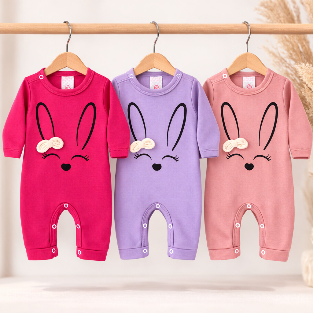 Macaquinho Bebê Menina Soft Plush Inverno Coelhinho Fofinho 01 a 09 Meses