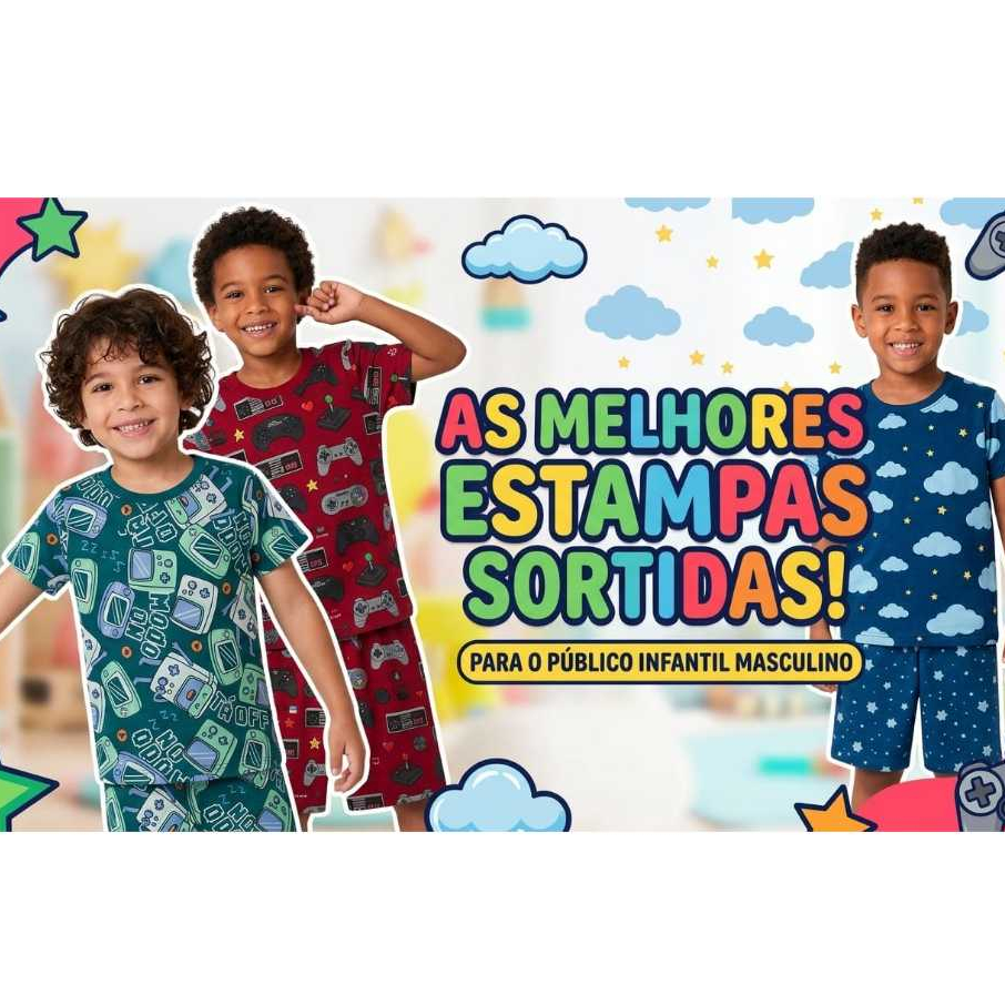 Pijama Alta Durabilidade Confortável | Infantil Menino estampas sortidas camiseta + bermuda leve | Malha 30.1
