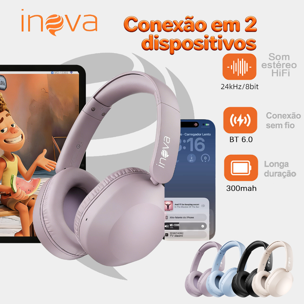 Inova Fone de ouvido Headphone Bluetooth 6.0 alto-falantes de 40 mm HiFi Conecte 2 dispositivos em Oferta na Shopee