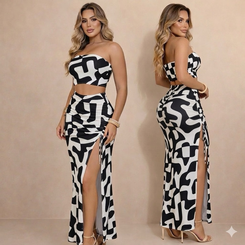 Conjunto Empina  Bumbum  Longo Feminino Estampado Saia com Fenda Lateral e Top Cropped em Oferta na Shopee