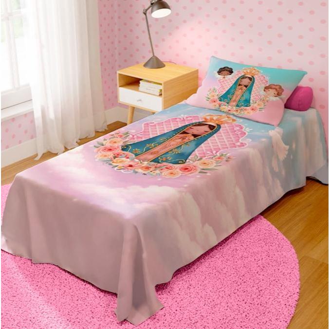 Jogo De Lençol Cobre Leito + Fronha Quarto Infantil Nossa Senhora Aquarela