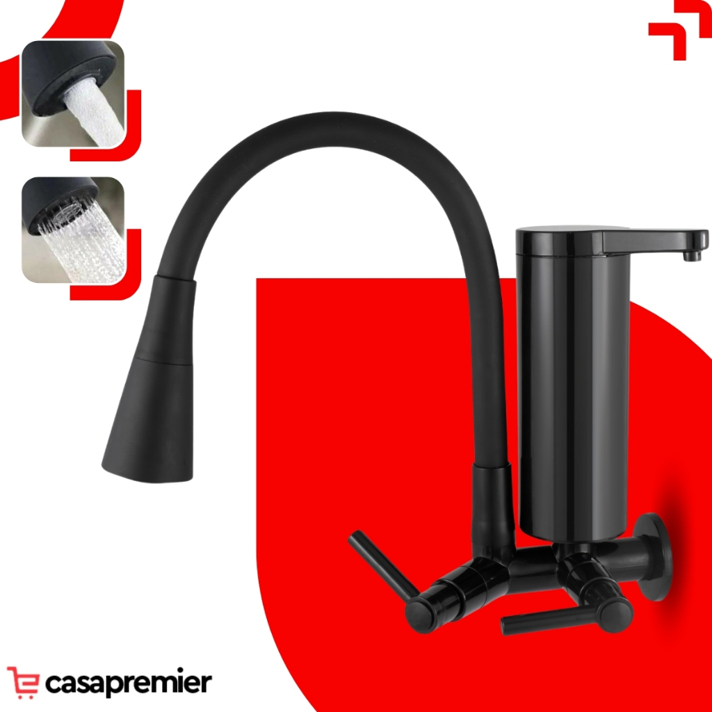 Torneira Pia Cozinha Preta Parede Com Filtro Gourmet 2 Jatos Abs