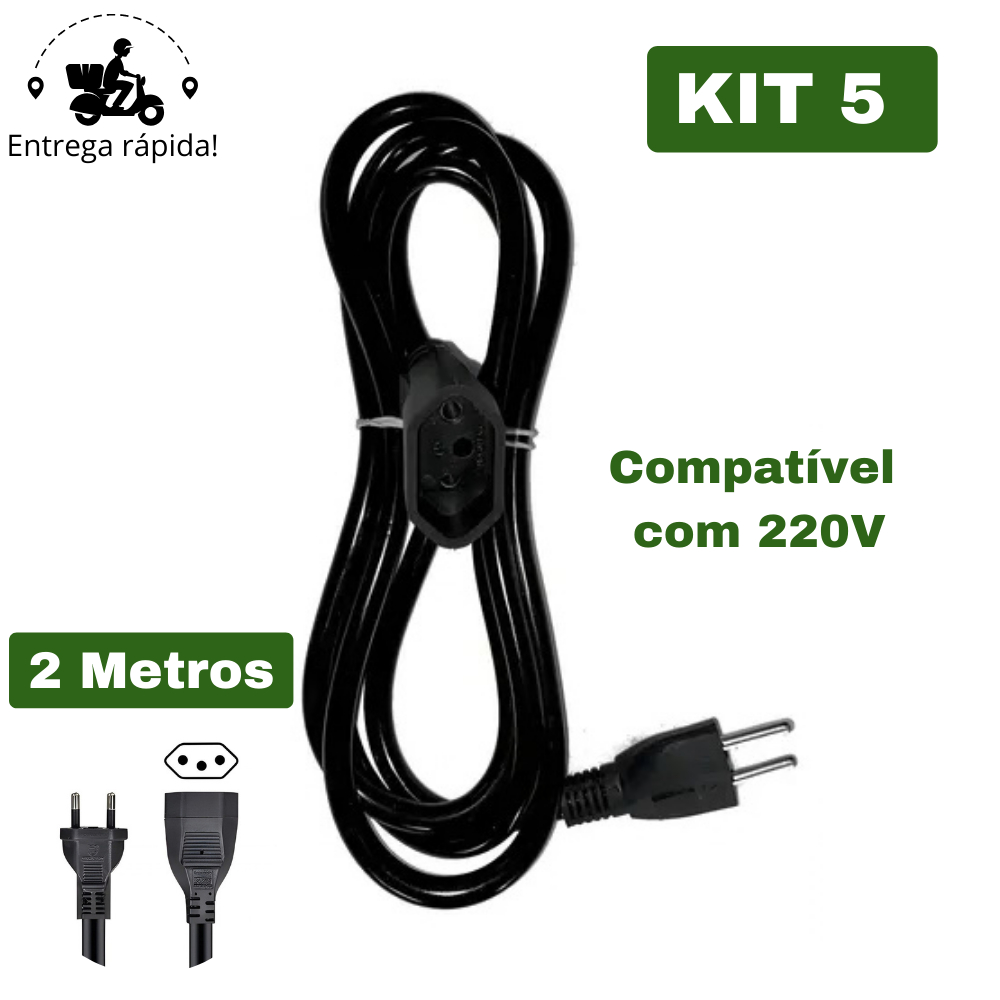 Kit 5 Extensão Elétrica e Prolongador Preto Extensor de Cabo 2 Metros e Bivolt 110v e 220v