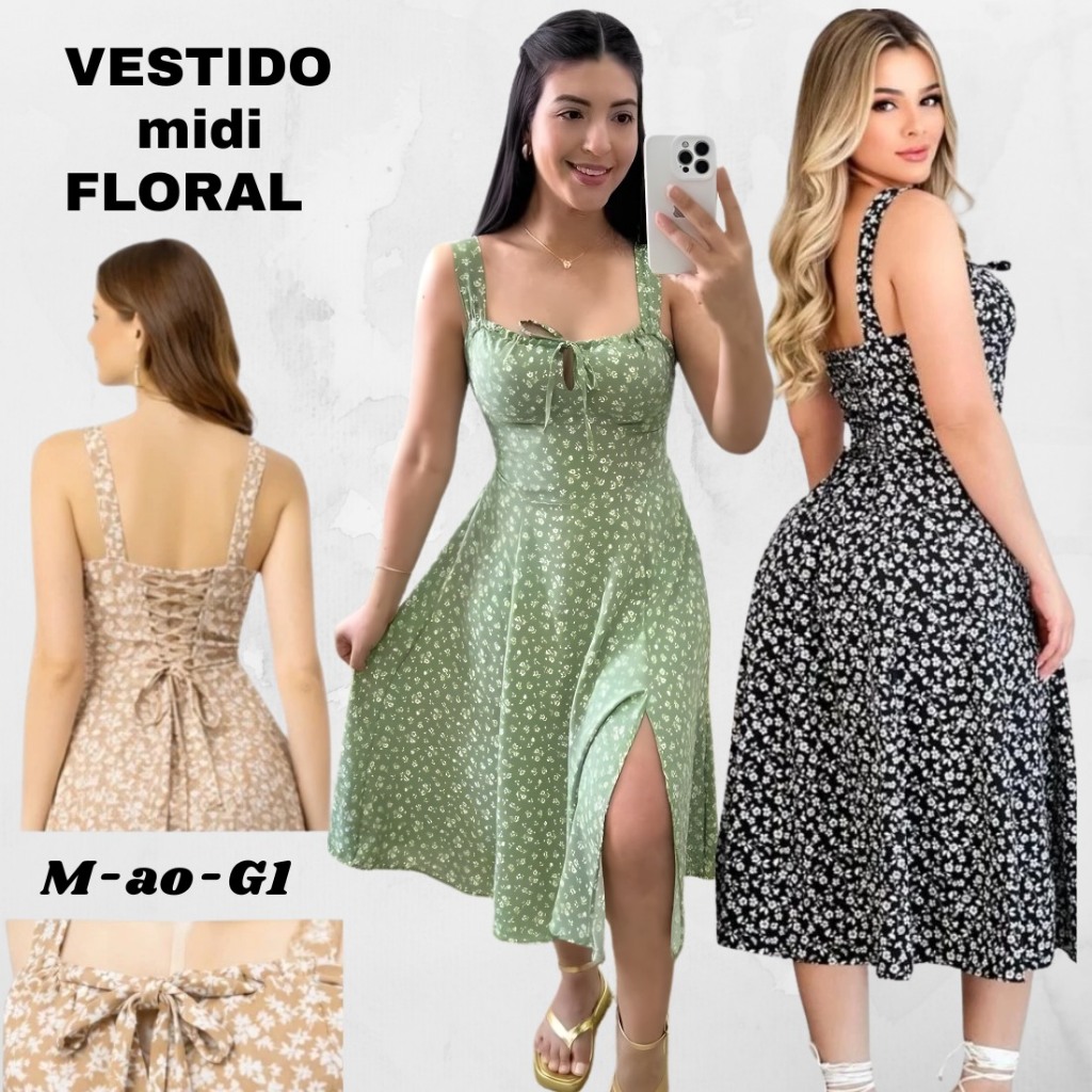 Vestido Midi Floral Feminino  Estampado Tecido Crepinho Confortável Não Amassa Tamanho M ao G1 em Oferta na Shopee