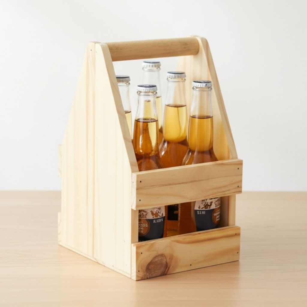 Engradado de Madeira Pinus p/ 6 Garrafas - Porta Cerveja Cervejeira Rústica Presente com Alça Grande
