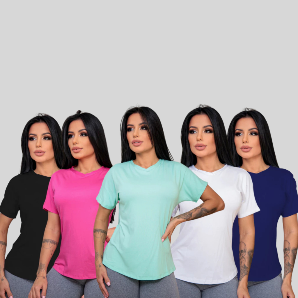 Fashion Kit 5 Camiseta Variada Feminina Leve Confortável Soltinha Fitness