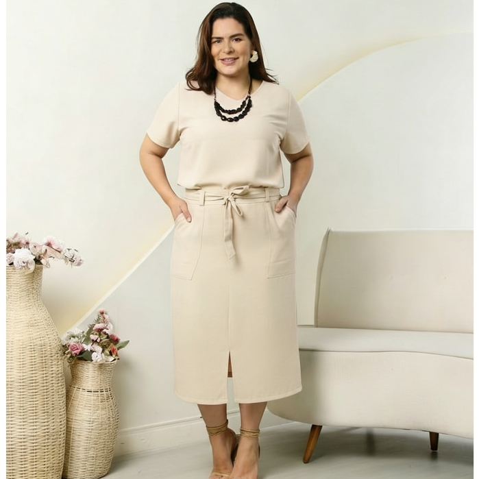Conjunto Feminino Moda Evangélica Saia Longa com Elástico e Blusa Manga Curta Tecido Sensorial Marrant