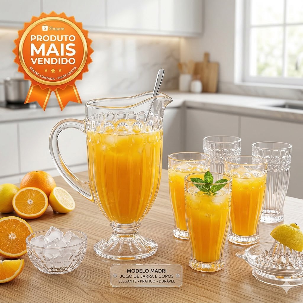 Jogo de Jarra de Vidro 1,15L com 6 Copos 300ml Madri – Kit 7 Peças para Água e Suco