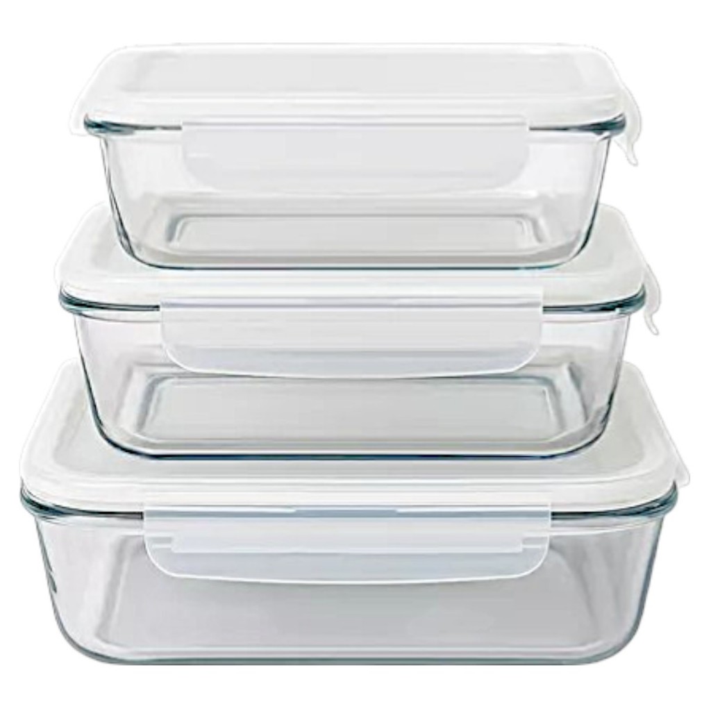 kit 3 Potes de vidro Marmita Retangular Refratário com Tampa Hermética 4 Travas Forno Airfray Micro-ondas Freezer