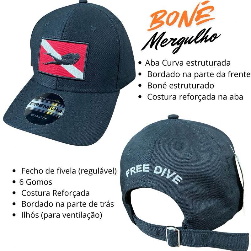 Boné masculino bordado preto aberto (ajustavel) aba curva, mergulho, aventura, surtwear, surf, esportivo, casual
