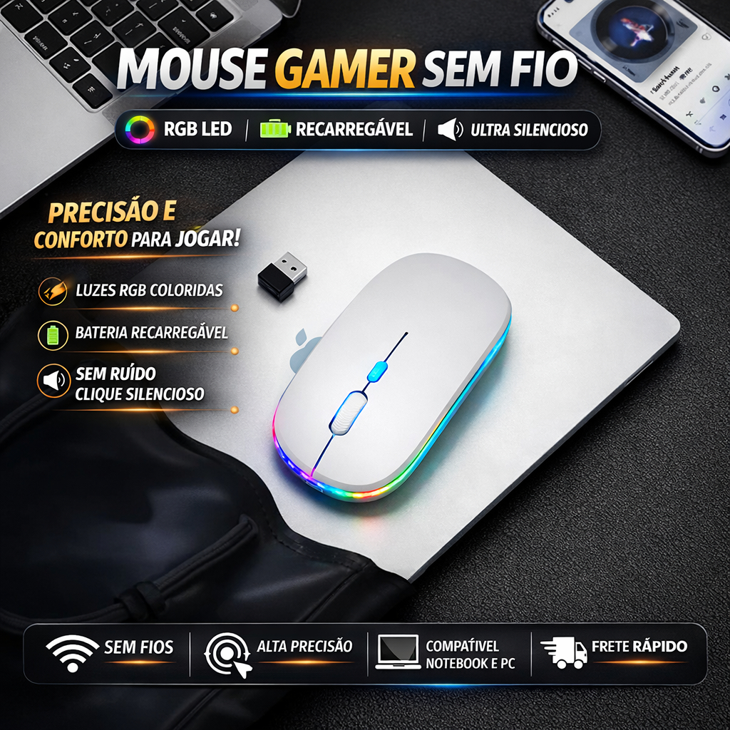 Mouse Gamer Sem Fio Recarregável com LED RGB Design Ergonômico Conexão USB Bluetooth Mouse sem fio