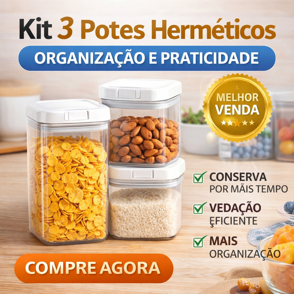 Kit 3 Potes Herméticos Quadrados com Tampa | Pote Organizador Multiuso para Cozinha, Mantimentos e Geladeira