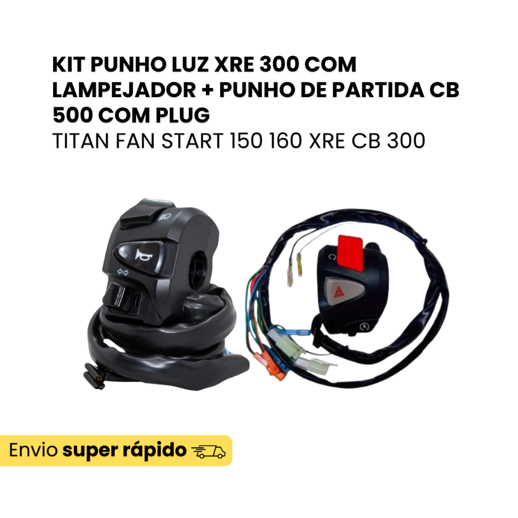 Kit Punho Luz XRE 300 Com Lampejador +  Punho De Partida Cb 500 Titan Fan Start 150 160 Xre Cb 300 Com Plug