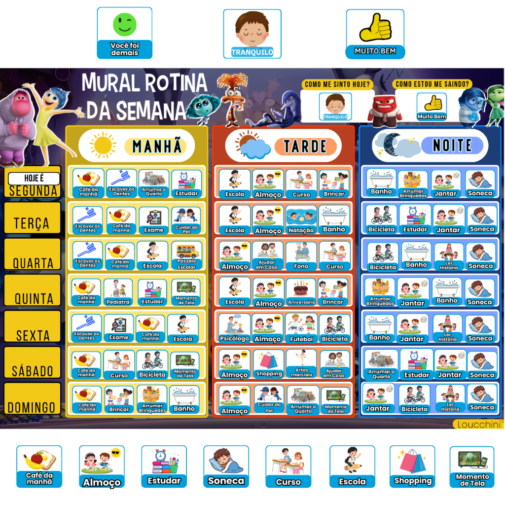 Quadro de Rotina Infantil Magnético "Divertidamente"  Organização Semanal (Menino)