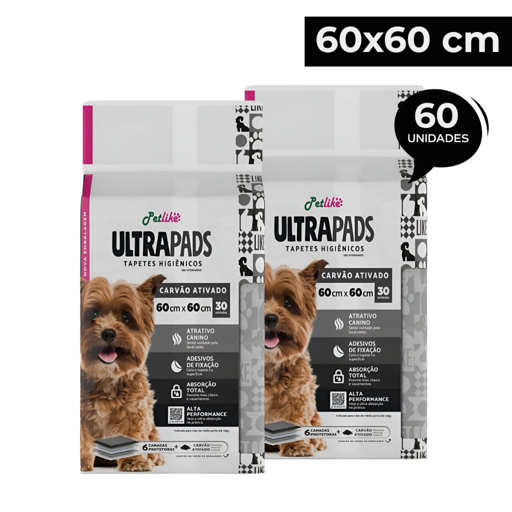 Kit 60 Tapetes Higiênico Xixi Ultra Pads Carvão Ativado 60x60cm