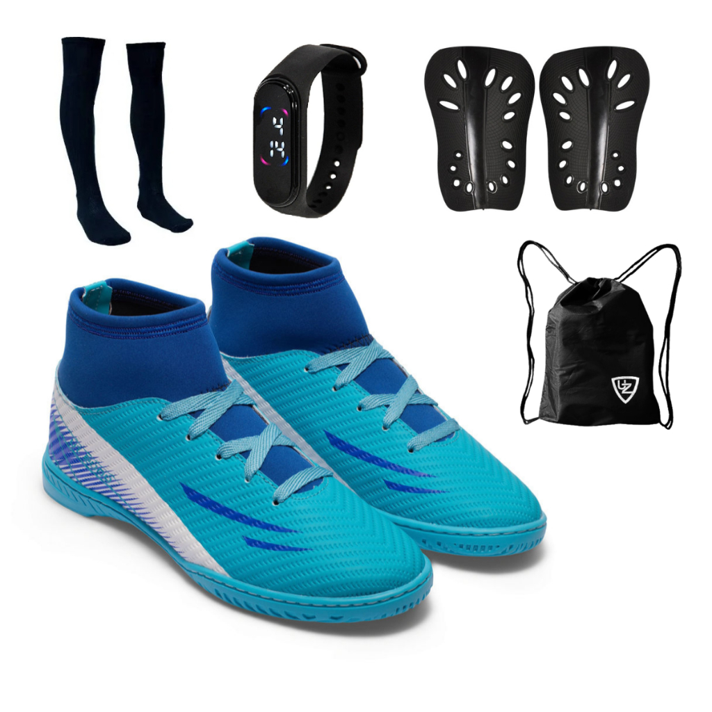 Chuteira Futsal UZ 2000 Botinha Cano Alto Adulto Uzze Sport Alta Durabilidade + Meião Relógio Caneleira Mochila