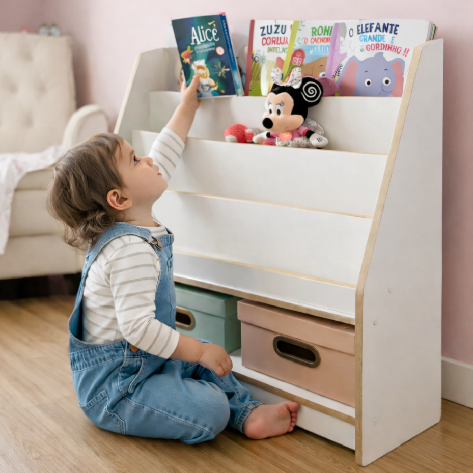 Estante Infantil Montessori Porta Livros Branca MDF Dumbo