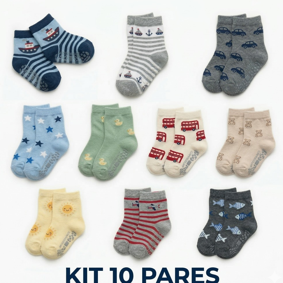 Kit Meia Infantil Menino Bebe 1, 3, 6 ou 10 Pares Algodão Antiderrapante Confortável Macio Dia a Dia