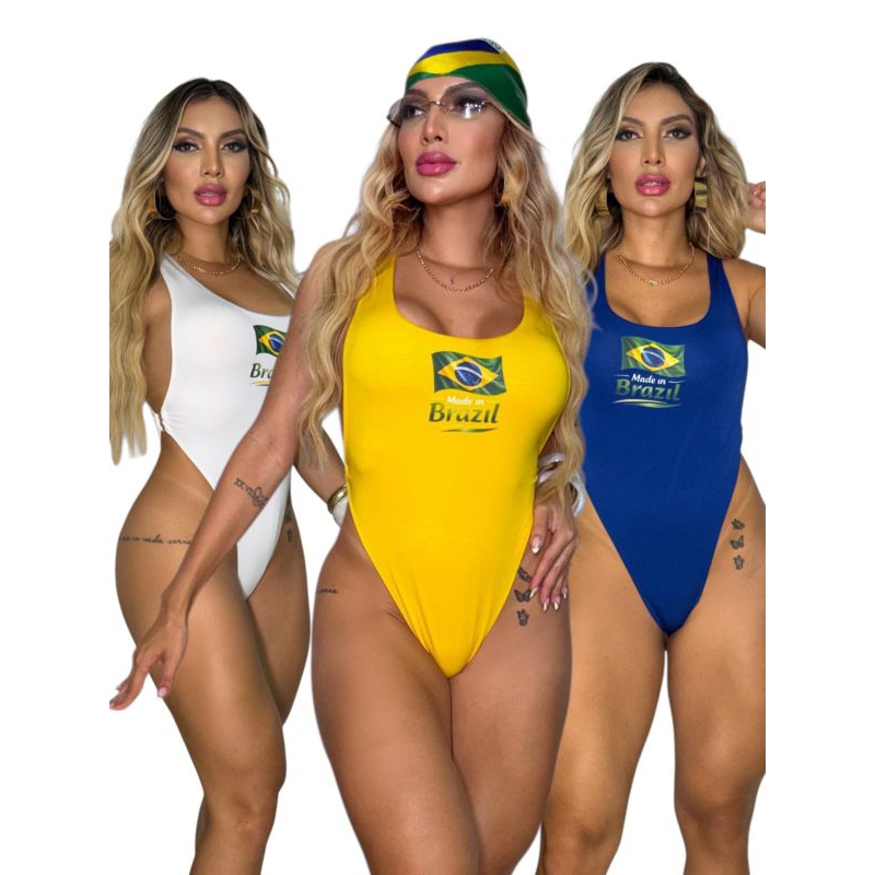 Maiô Body Brasil Cavado Fio Dental Estampa Brasil Verde Amarelo Azul Branco, Forrado Moda Praia Sensual