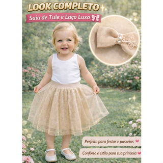 Saia Infantil De Tule Com Glitter Acompanha Lindo Laço De Cabelo Igreja Festa em Oferta na Shopee