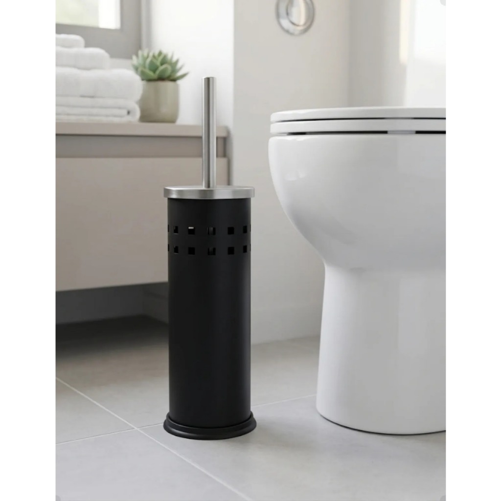 Escova Sanitária Inox Vaso Banheiro Limpeza C/ Suporte Preta