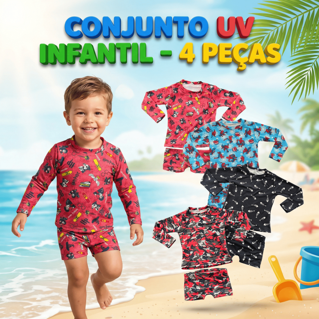 Kit Blusa Sunga 4 Peças Proteção Solar UV Menino Conjunto Infantil Verão Praia Piscina Natação