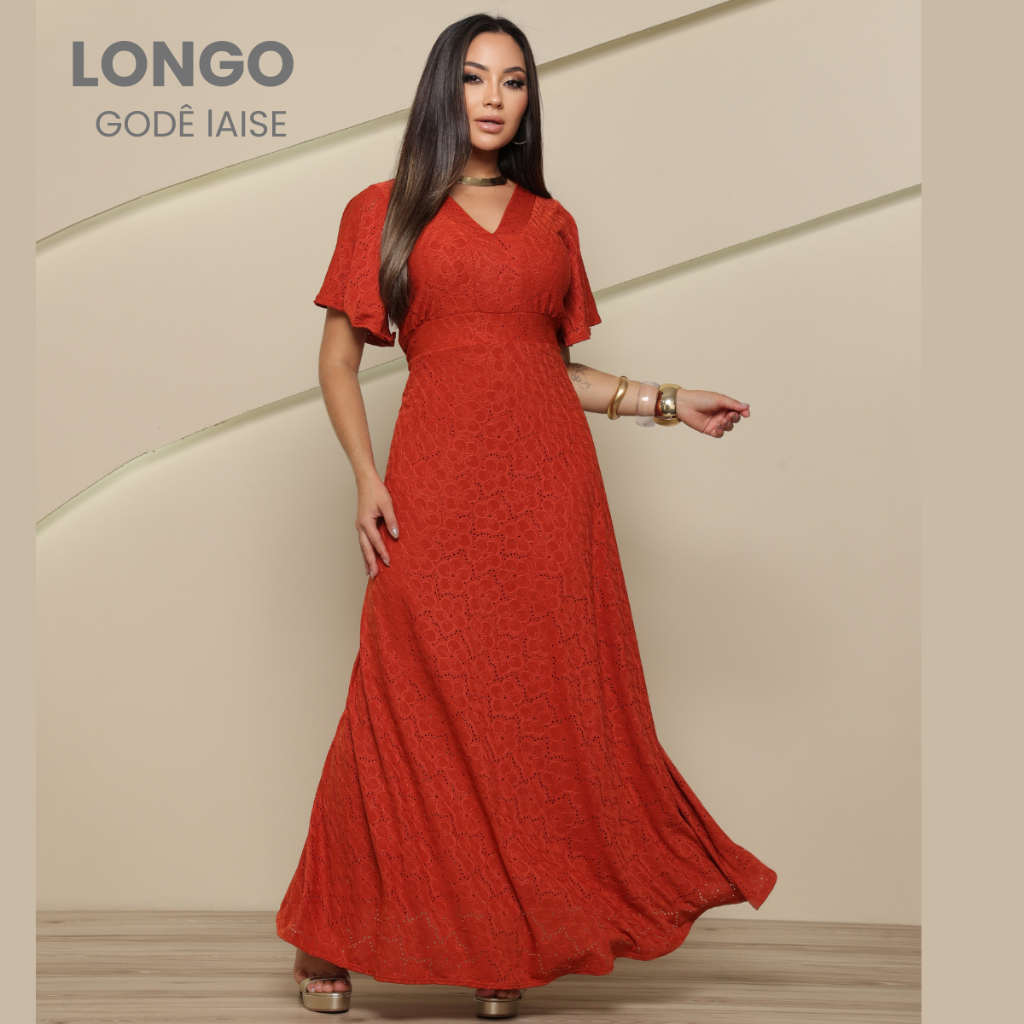 Vestido Longo Feminino em Laise Manga Curta Decote V Elegante Para Eventos