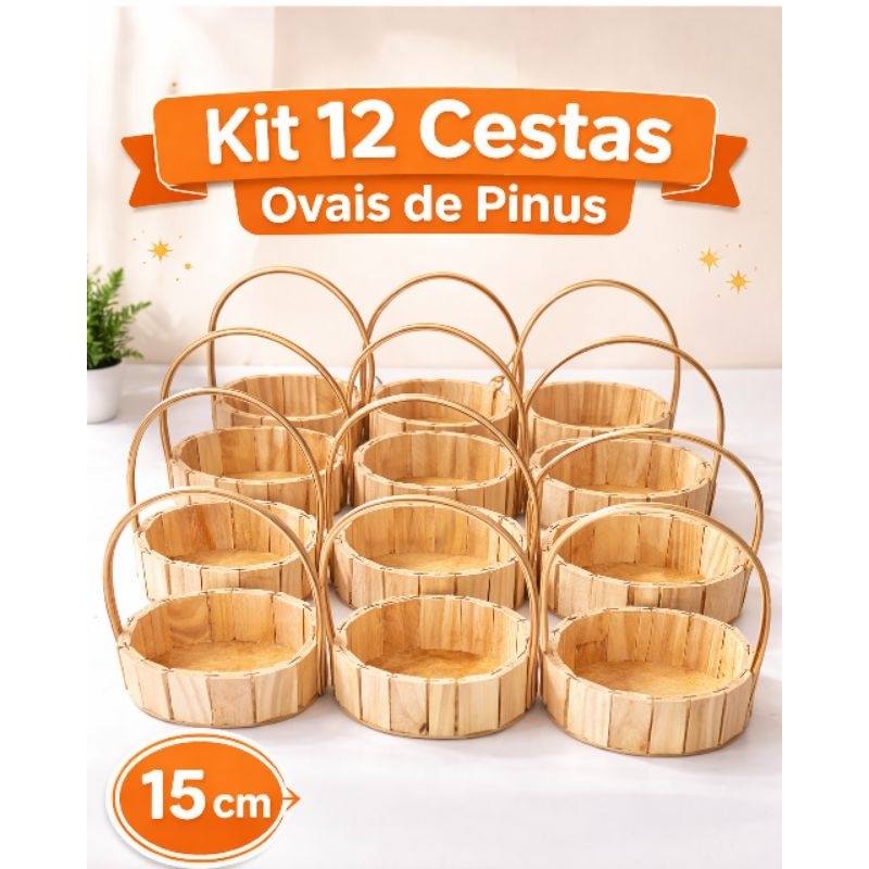 Kit 12 Cestas Oval De Madeira Artesanal Para Presente Páscoa Dia Das Mães Fraldeira Oval 15x5