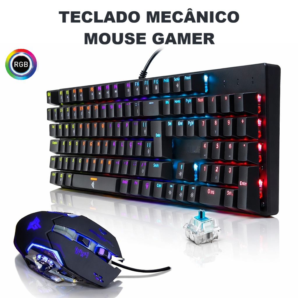Kit Teclado Mecânico Mouse Gamer Switch Led Rgb 7 Cores Anti Ghosting Usb Pc Computador Notebook